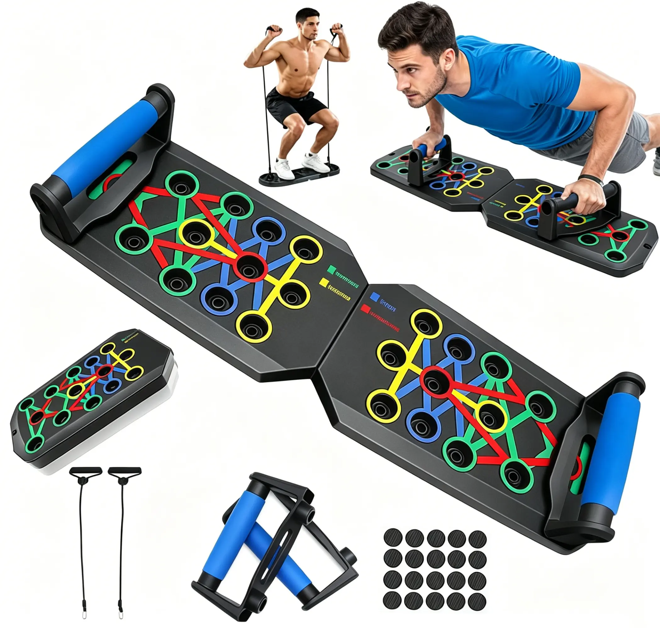 Foldable Color-Coded ABS Push Up Board, 500 lbs Capacity Strength Training System for Men & Women, Home Workout Gear with Ergonomic Handles, Resistance Band & Hand Gripper Strengthener