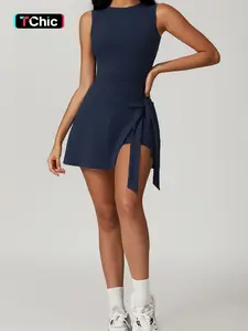 Sporty Women's Solid Color 2-IN-1 Tie Front Wrap Sports Dress, Tennis Athletic Dress, Sport Sleeveless Round Neck Short Dress for Tennis Gym Workout, Ladies Sportswear for All Seasons