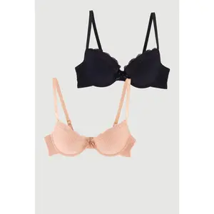 Girls Ribbed Knit Lace Trim Underwire Bras 2 Pack