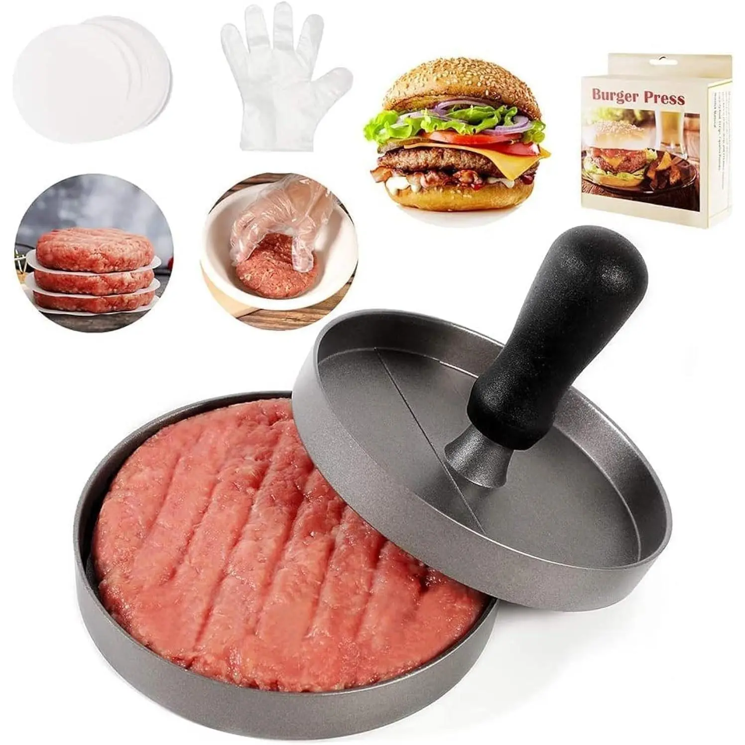 Hamburger Press Patty Maker with 100 Patty Papers, 20 count Plastic Gloves, 1 count Small Scraper  Non-Stick Burger Press Patty Maker Mold, 4.5 in Diameter