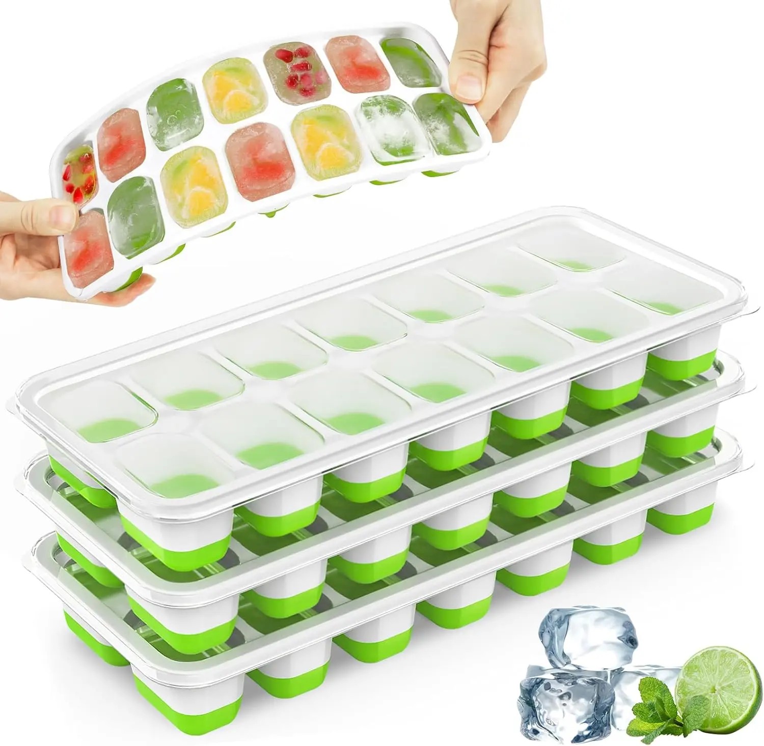 Ice Cube Trays 4-Pack, Durable Stackable Silicone with Spill-Resistant Lids, BPA-Free, Easy-Release 56 Cubes