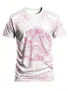 Men's Aztec Sunstone Sport T-Shirt, Mexican Tribal Style Round Neck Short Sleeve Top, Loose-Fit Geometric Pattern, All Seasons