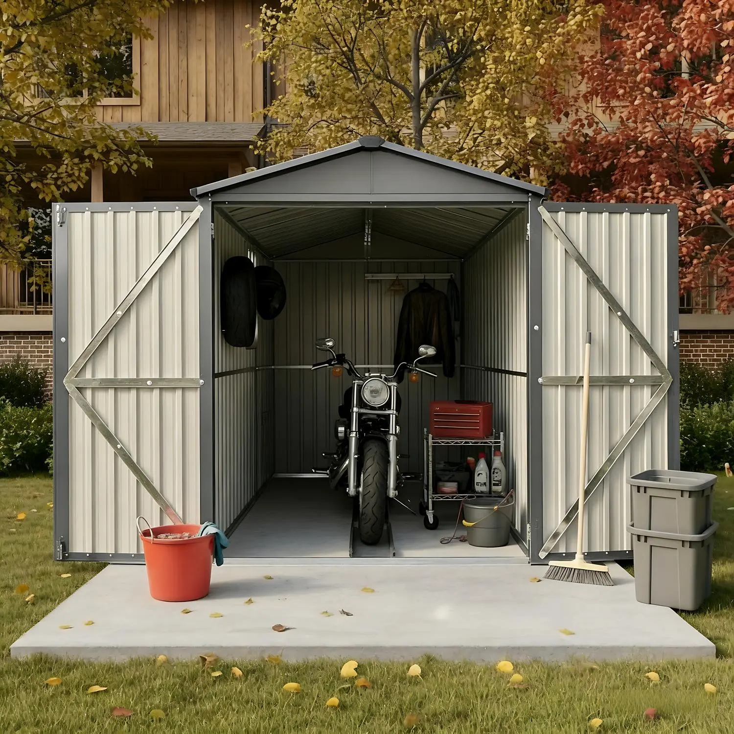 Motorcycle Outdoor Steel Storage Shed with Window, 5.52ft L x 10.08ft W x 6.64ft H, Includes Tracks & Fixtures – Heavy Duty Grey Metal Garage for Motorbike, Bike, Lawn Equipment, All-Weather Secure Shelter
