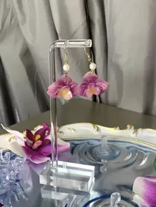 Pink, Purple, Blue Orchid Flower with Pearls | Handmade Drop Earrings - 18K Gold Plated