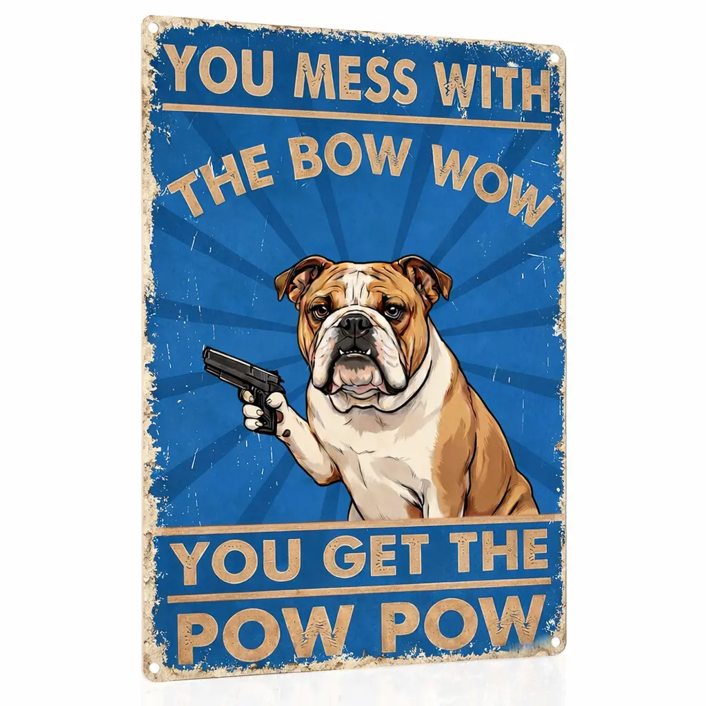 8x12 Inch Dog Version Vintage Bulldog Metal Sign -  Mess With The Bow Wow  Get The Pow Pow You