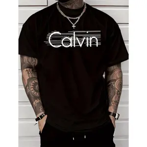 Men's Casual Fashion Short Sleeve T-Shirt With Calvin Letter Print Regular Fit Crew Neck Design Comfortable Stretch Basic Cotton Tee for All