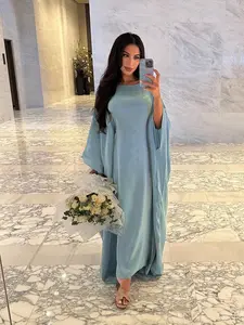 MQ104(1‑Piece Shiny Sky Blue Satin Batwing Sleeve Abaya, Luxury Evening Modest Muslim Maxi Dress)