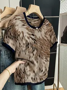 Women's Vintage Art Textured Wave Pattern Print Knit Sweater T-Shirt, Round Neck Short Sleeve, Casual Breathable Knitwear for Spring Summer Fall