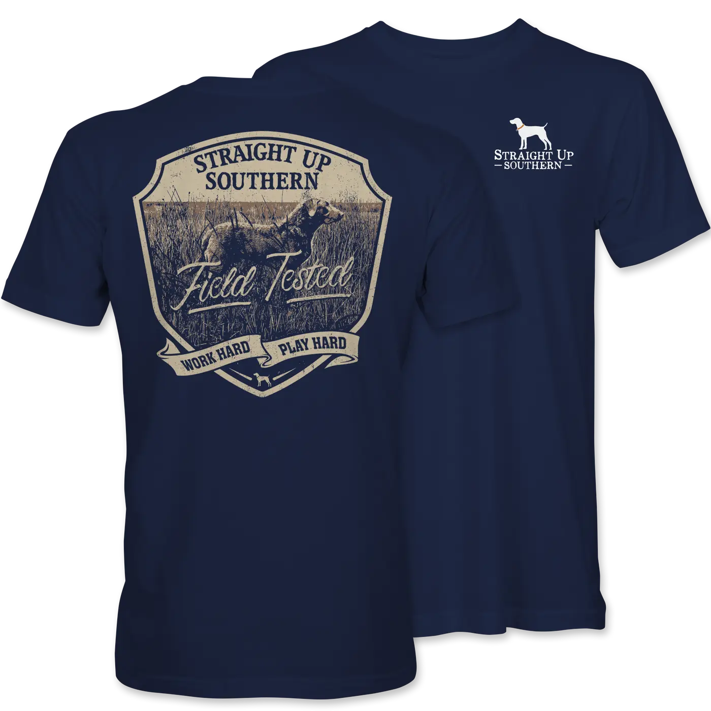 Rugged Field Tested Dog Graphic Tee – Outdoor Hunting T-Shirt for Men, Southern Lifestyle Apparel with Vintage Camo Badge Design