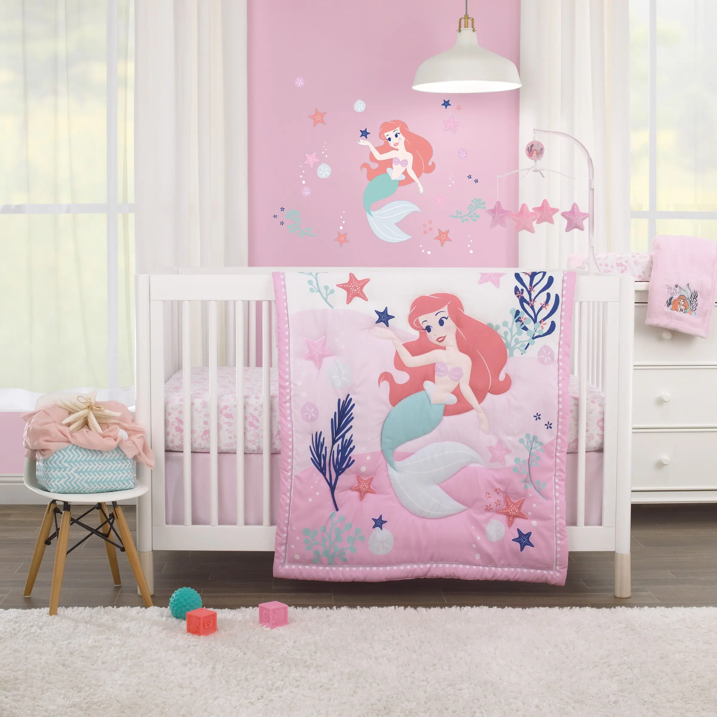 The Little Mermaid Pink, Aqua, and Coral Ariel Cute by Nature 4 Piece Nursery Crib Bedding Set - Comforter, Fitted Crib Sheet, Changing Pad Cover, and Crib Skirt