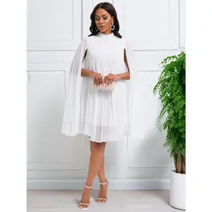 D400 Women's New Fashionable Chiffon Pullover Cape Batwing Sleeve Plus Size Dress Casual Basic Crewneck Minimalist White Breathable Lightweight Elastane - Womenswear, Everyday