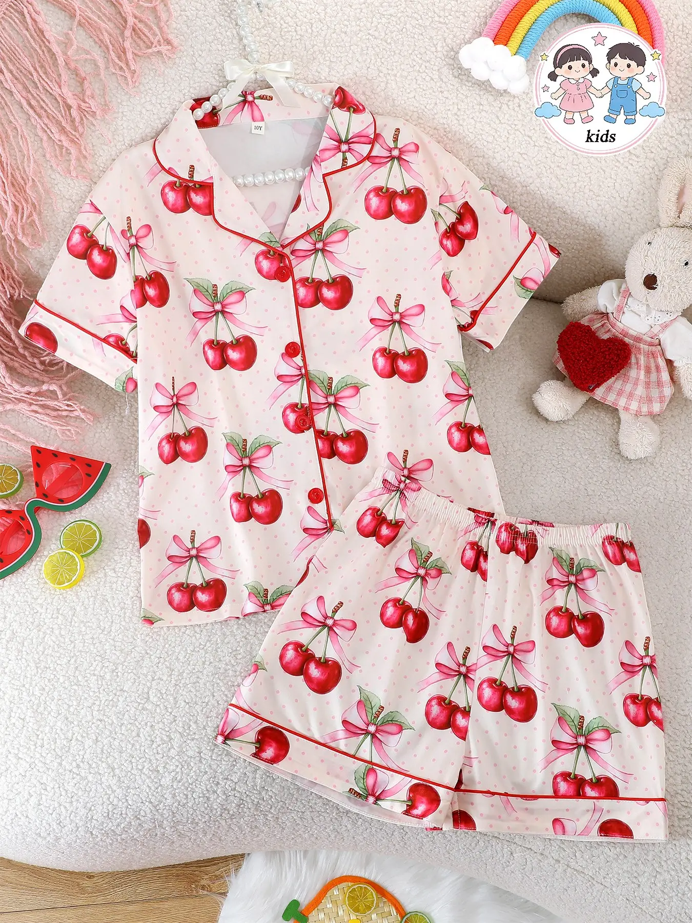 2-Piece Summer Kids Pajama Set, Button Front Cardigan & Elastic Shorts, Soft Fabric, Cherry Bow Print, All Seasons, Casual Style, Fruit Print Pajamas, Summer Pjs, Sleepwear For Summer