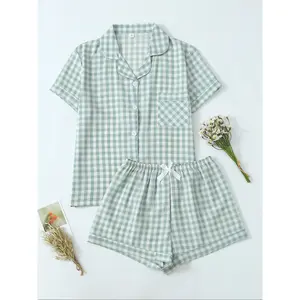 Women's Gingham Print Crop Shirt & Shorts Pyjama, Casual Comfy Short Sleeve Collared Top & Shorts PJ Set, Ladies Sleepwear for Summer, Loungewear