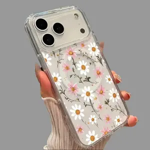 Magnetic Clear Acrylic Phone Case for iPhone 17/16 Pro Max Plus/15/14/13/12/11/Air E, Daisy Dreamscape Printed, All-Coverage, Wireless Charging Support