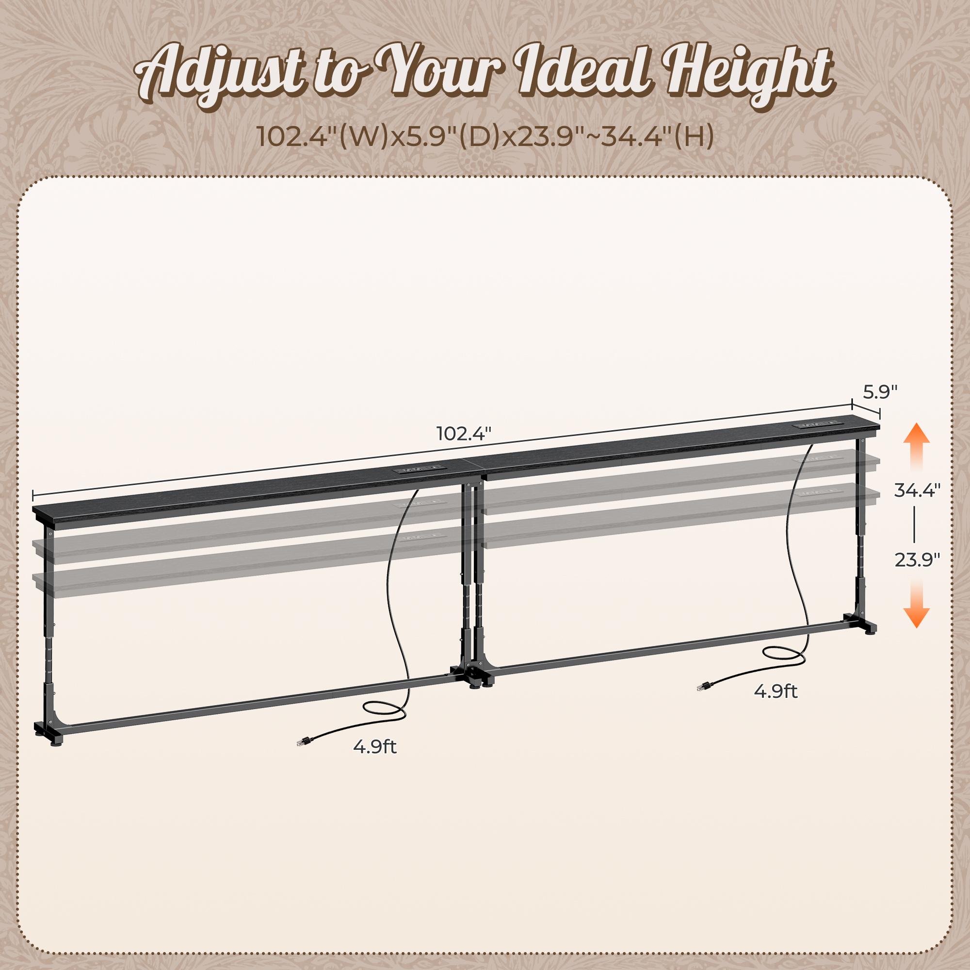 Huuger 78.7/39.4/51.2/102.4/110.2 Inch Behind Couch Table with Power Outlets, 23.9’’-34.4’’ Height Adjustable Range, Sofa Tables Narrow Long with USB-C Ports, Skinny Console Table