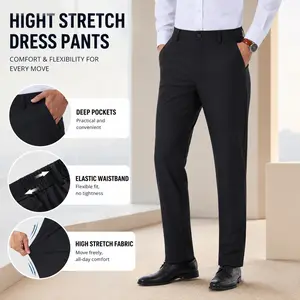 AMZPURE Men's Business Casual Stretch Formal Pants, Wrinkle Resistant No-Iron Flat Front Trousers with Expandable Elastic Waistband for Daily Office Work FathersDayGift