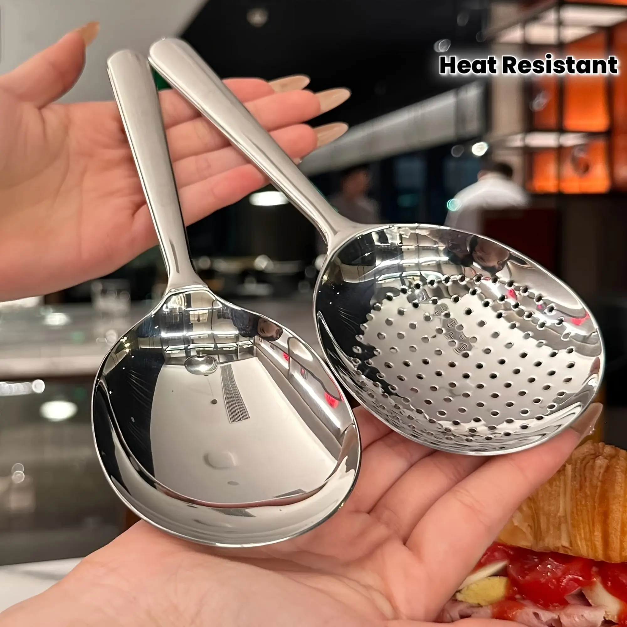 410 Stainless Steel Large Solid Spoon - Thick, Short-Handle Kitchen Utensil with Drain Holes, Heat-Resistant, Easy-to-Clean Stainless Steel Cookware for Home Use