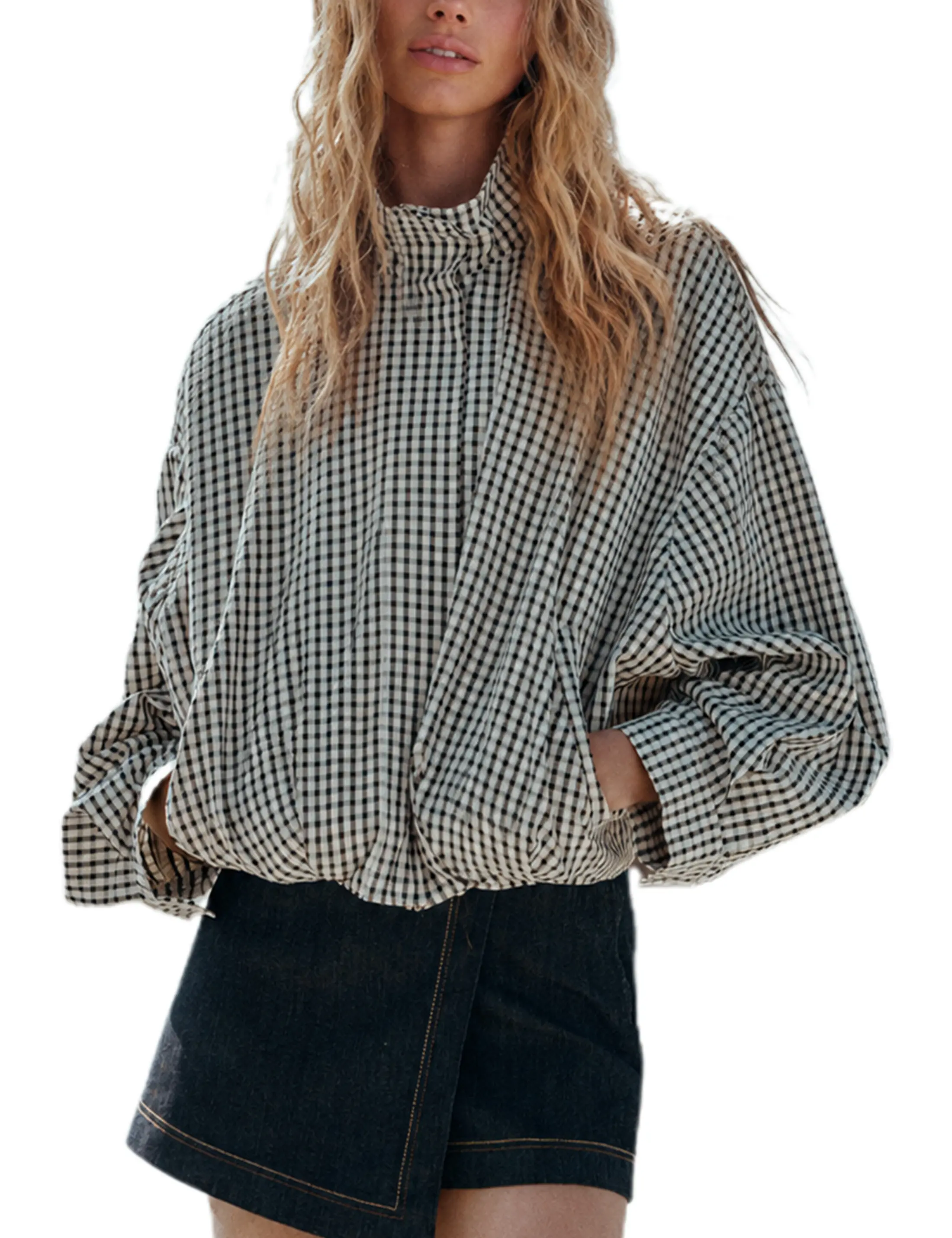 Buenoble Women's Gingham Cropped Jacket – Oversized High Neck Zip Up Checkered Coat, Casual Lightweight Fall Outerwear