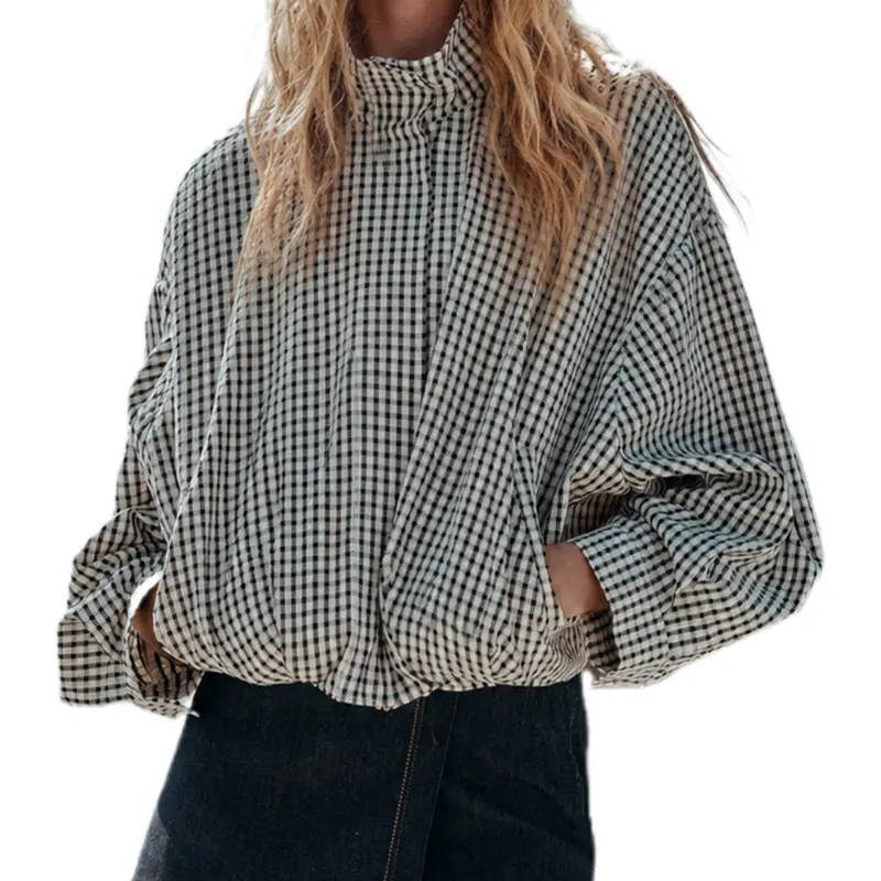 Buenoble Women's Gingham Cropped Jacket – Oversized High Neck Zip Up Checkered Coat, Casual Lightweight Fall Outerwear