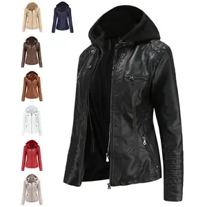 hooded leather jacket two-piece set, detachable, large-sized leather jacket for women, spring and autumn coat for women, PU washed leather