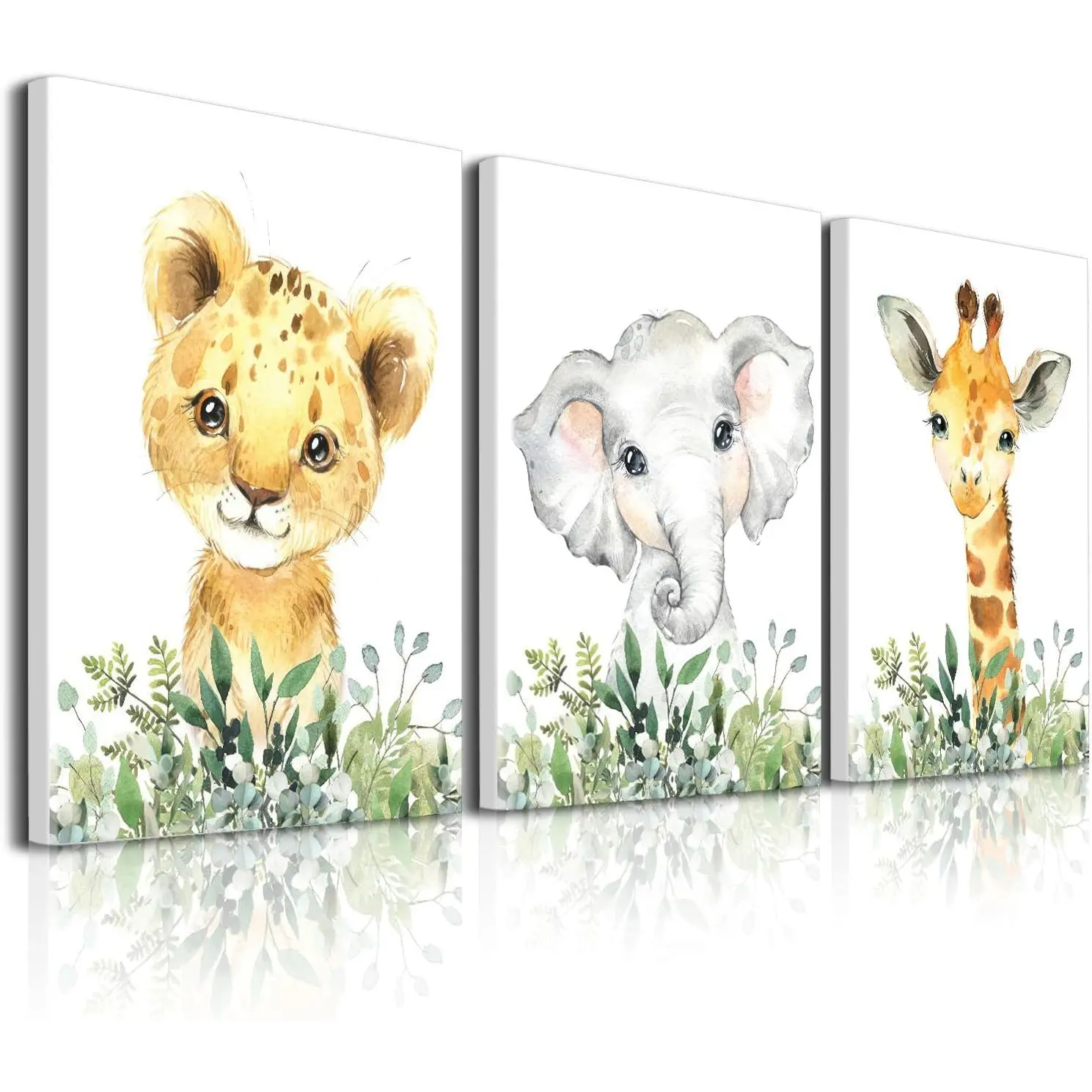 Framed Wall Art Baby Safari Nursery Wall Decor - Set Of 3 Pictures Cute Animal Wall Prints On Canvas Jungle Nursery Safari Decor Gifts For Baby Boys And Girls Room, Ready To Hang (12 X16inch)
