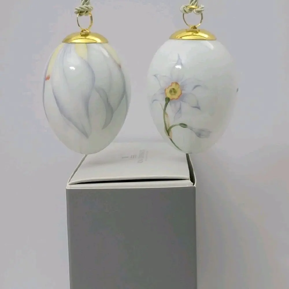 Vintage Royal Copenhagen 2022 Spring Collection 2-Piece Flower Poet Daffodil Easter Eggs - 100% Authentic Collector's Item, New in Original Box, Home Decor Hanging Artwork Gift The Spring Collection 2022 Royal Copenhagen.  Easter Porcelain