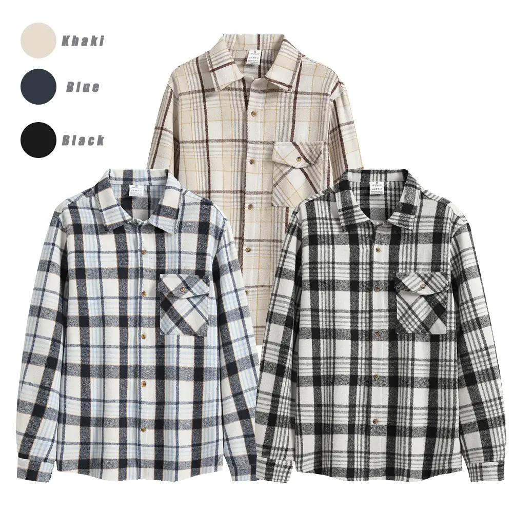 Plaid long-sleeve collared shirt, American casual style, neat plaid lines, single chest pocket, loose fit, can be worn as a base layer or on its own.