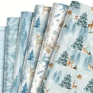 6pcs Reindeer and Tree Pattern Holiday Gift Wrapping Paper, Blue Designs, 27'' X 20'', Ideal for Birthdays, Holidays, Parties, Home Decor