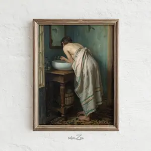 Feminine Bathroom Wall Art – Vintage Inspired Self Care Portrait, Classic Oil Painting Style, Rustic Scene, Timeless Home Decor, Room Decor, Unframed