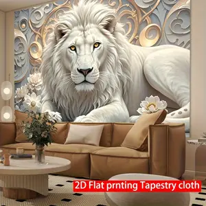 Regal White Lion Backdrop Luxury Floral Theme Tapestry Wall Hanging Photography Background for Living Room Decor Glam Party Event Supplies