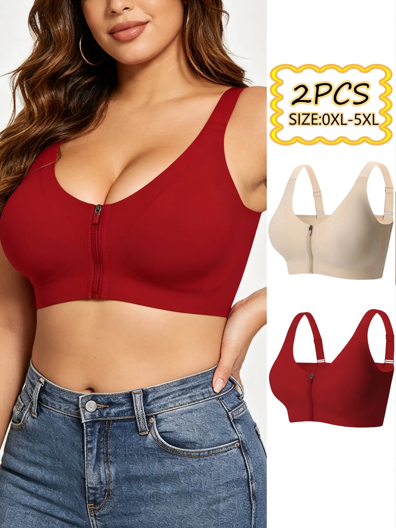 Women's Plus Size Front Zip Bralette, Fashionable Gathered Design, Breathable No Sweat, Medium Support Fit, All Seasons, Casual Daily Wear, Underwear, V Neck Bralette