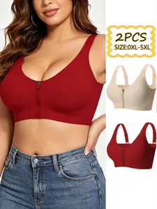 Women's Plus Size Front Zip Bralette, Fashionable Gathered Design, Breathable No Sweat, Medium Support Fit, All Seasons, Casual Daily Wear, Underwear, V Neck Bralette