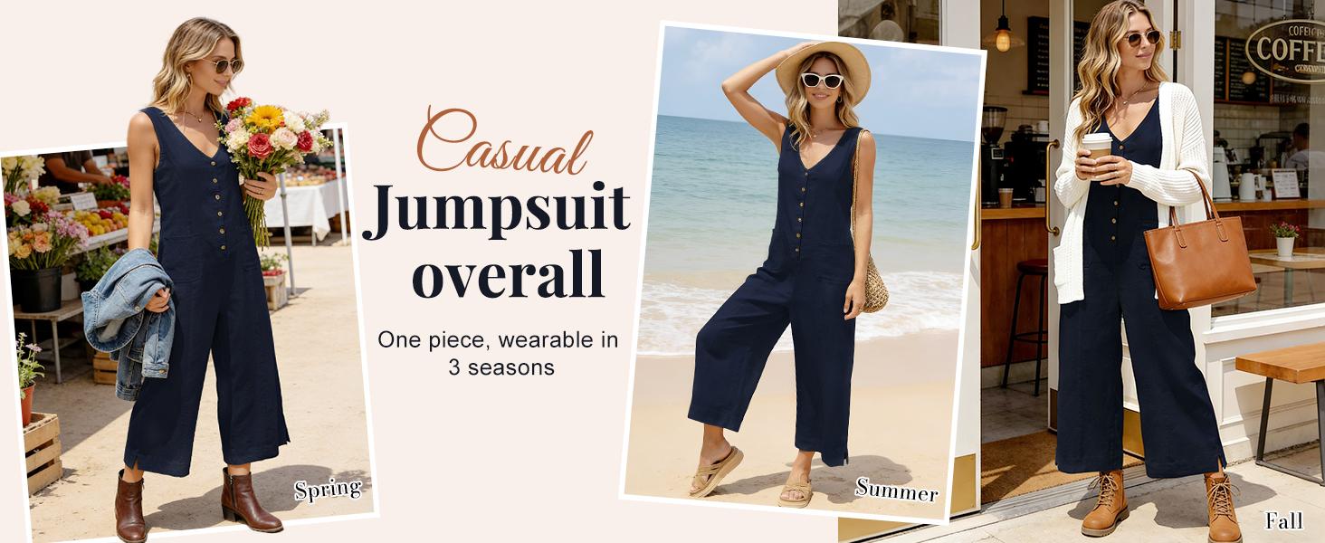 Kingapril SummerVibes Women Button Down Jumpsuits Cotton Linen Sleeveless Casual Wide Legs Rompers Loose Overall with Pockets