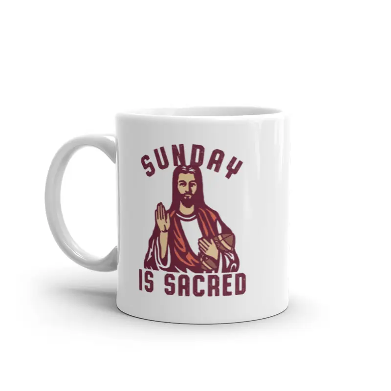 Sunday Is Sacred Mug Funny Football Jesus Graphic Novelty Coffee Cup - 11oz Funny Coffee Mugs Ceramic Printed Drinkware Cup