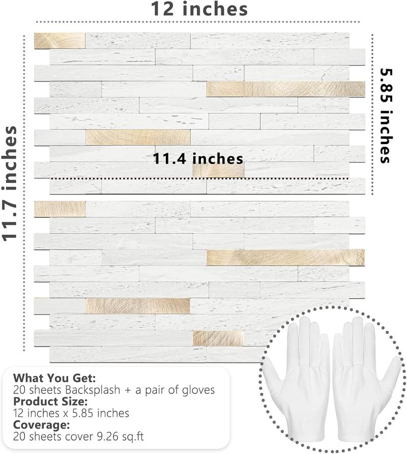 STICKGOO 20 Sheets Peel and Stick Backsplash Tile, Tile Stickers, Stick on Backsplash for Kitchen and Bathroom, Volakas White Look PVC Mixed Metal Silver Self Adhesive Wall Tiles