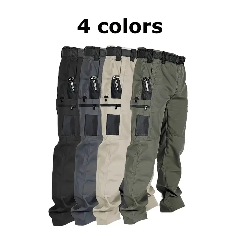 Men's 4-Pack Long Tactical Cargo Pants - Casual Fit Trousers, Stylish, 10-Pockets, Fitted Mid-Waist Polyester, Elastic Waistband, Breathable, Colorblock/Solid, All-Season, Outdoor, Ideal for Construction Workers, Hiking