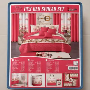 32 PCS Bed Spread Set with Curtains, Shower Curtain & Bathroom Accessories – Floral Bedding Set – Queen/King/Cal King