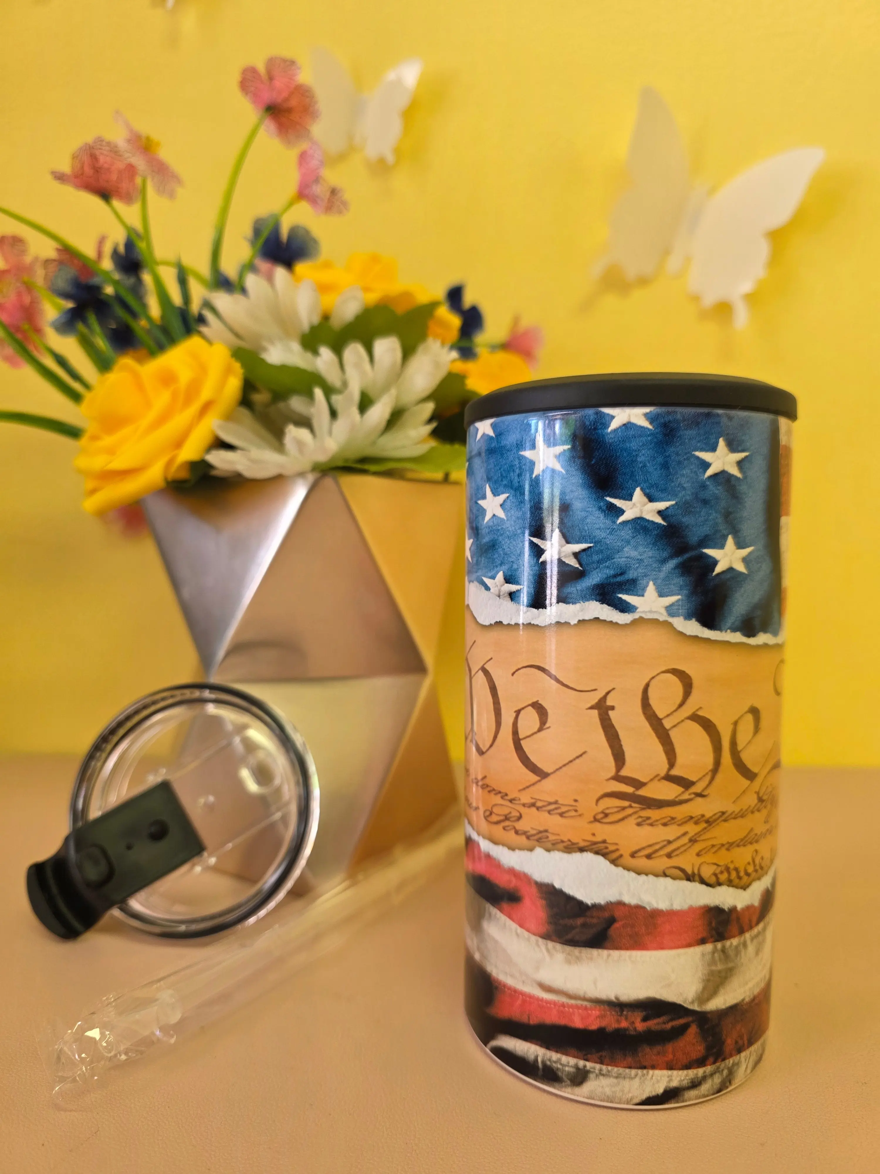 Handmade 4‑in‑1 Insulated Stainless Steel Tumbler & Koozie – 14oz Can/Bottle Holder with Built‑In Bottle Opener – US Constitution Flag Design