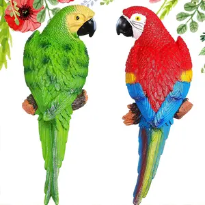 A Pair Simulation Parrot Wall Decoration, 12 Inch Lifelike Outdoor Golden Parrot Sculpture, Tropical Realistic Green And Red Parrot Bird Decoration, Used for Courtyard Gardens, Lawns, Trees, Walls