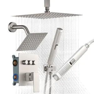 summervibes Shower Head Combo, 10-Inch Ceiling-Mount Rainfall Shower, 6-Inch Wall-Mount Spray, 2-in-1 Handheld Spray, 3-Function Rotatable Brass Valve Trim Kit, Brushed Nickel