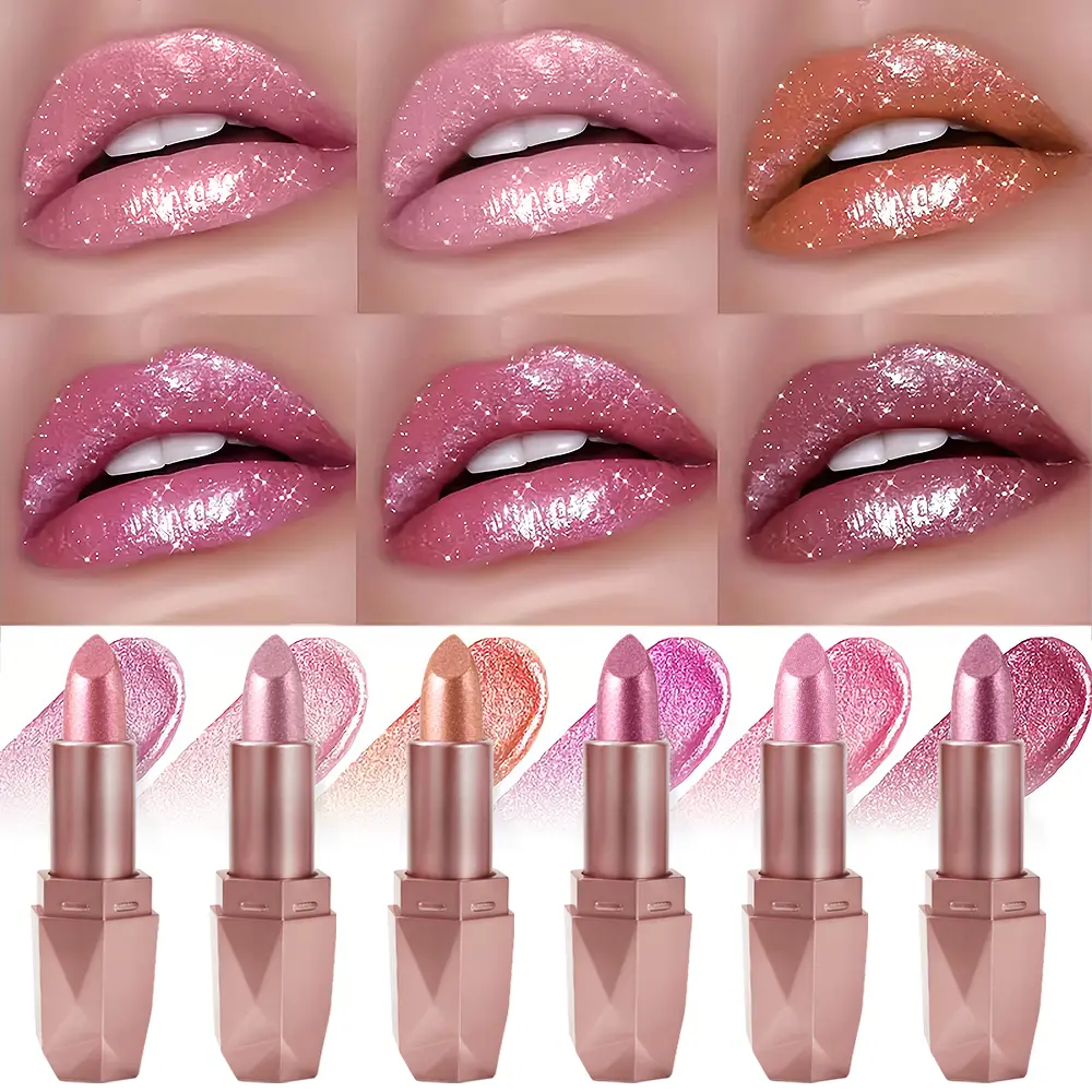 6 Color Diamond Gold Lipstick, Shimmering Moisturizing Long-Lasting Balm, Metallic Glossy Lip Stain, Metal Lipstick Shining Glaze Lip Gloss