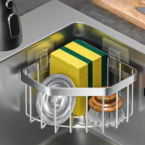 Stainless Steel Drainage Basket, Kitchen Sink Corner Sponge Storage Basket, Bathroom Toothbrush & Toothpaste Shelf, Non-Punch Triangle Drainage Rack For Kitchen/Bathroom Bathroom Toiletries/Cosmetics, Etc. Storage (Black/Silver)