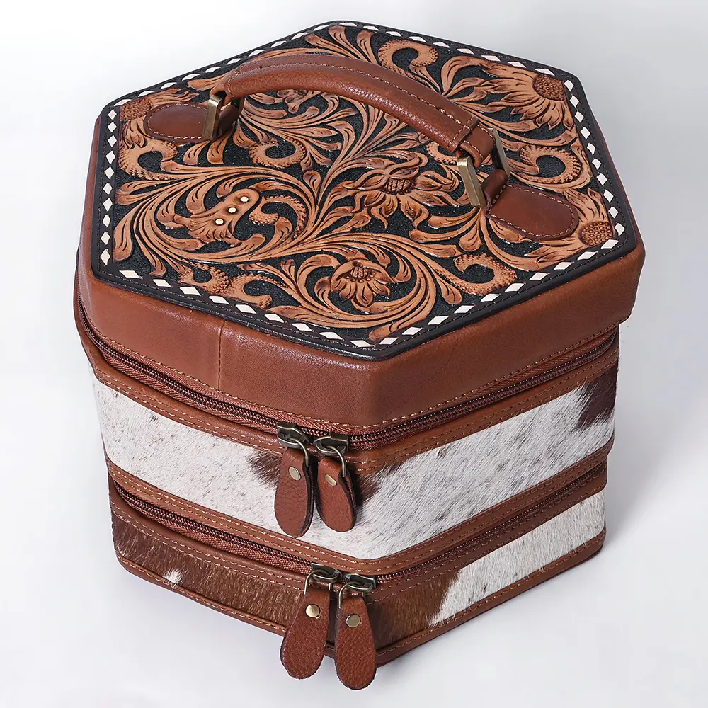 American Darling Women's Hair-On Cowhide Hand Tooled Floral Carved Genuine Leather Jewelry Case Eco-Friendly Western Box
