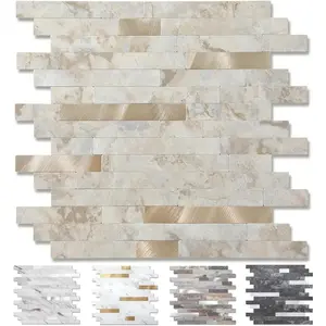 1 Sheet Peel and Stick Stone Metal Tile Backsplash, Stick on Tiles for Backsplash Kitchen, Bathroom, Laundry Room, Camper, Fireplace (12'' X 12'', Beige Stone with Gold)