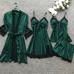 Lace Silk Pajamas Set Nightdress Sexy Lingerie Robe Women Sleepwear 4 Pieces Suits Sleeping Top And Shorts Femme Pijama Loungewear Womenswear Basic Minimalist