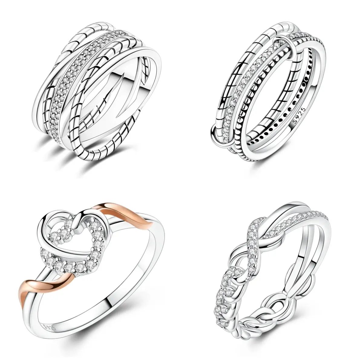 MULA Elegant Geometric Jeweled Luxury Rings - Silver-Plated, White Gold-Plated Interlocked Women's Rings, Heart-Shaped Casual Everyday Gift for Engagement, Anniversary, White Gold Rings