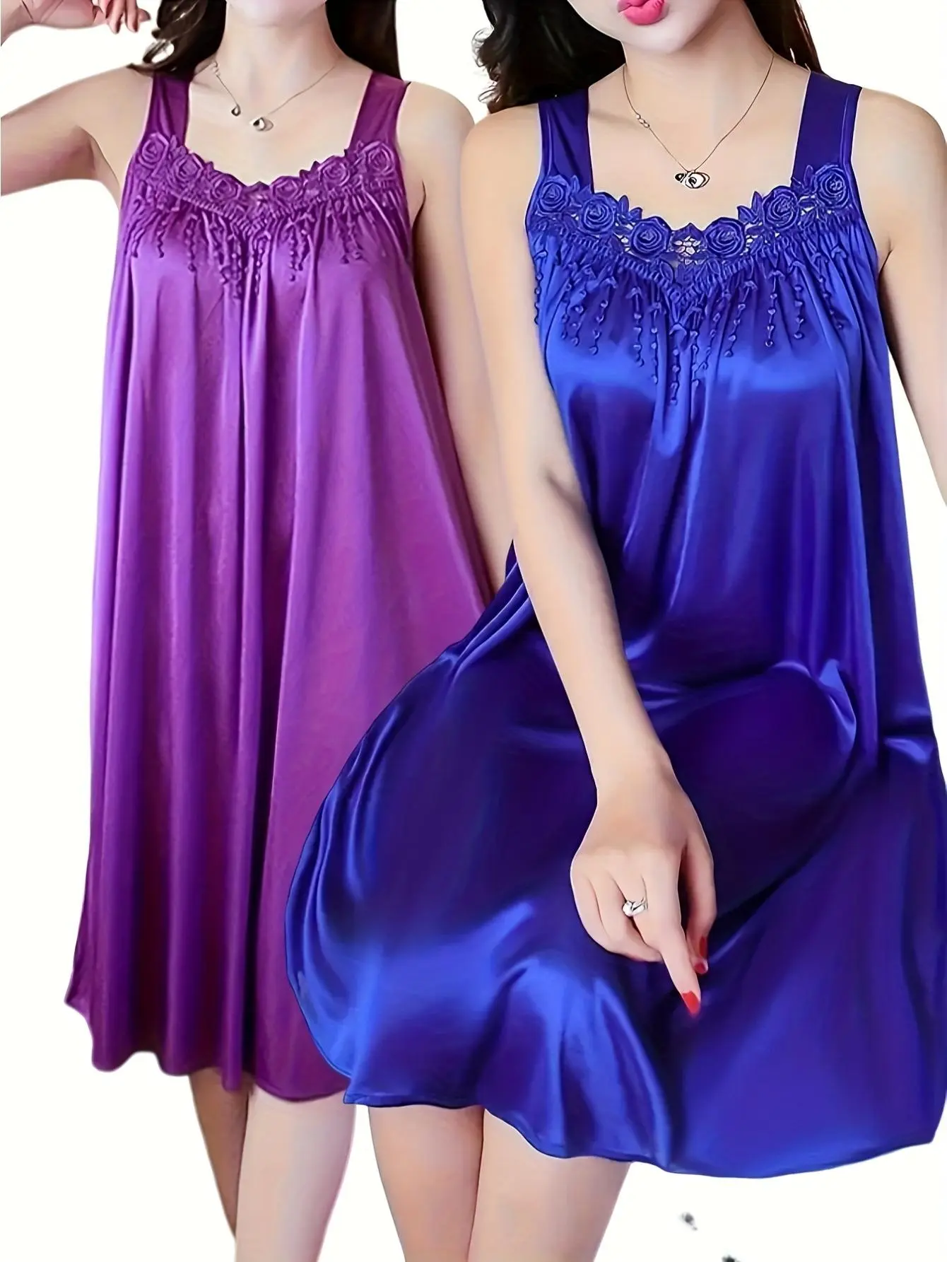 2PCS Lace Trim V-Neck Nightgowns, Loose Semi-Sheer Short Sleeve Sleepwear for Spring Summer