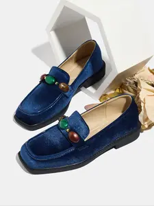 Women's Fashion Fall New Velvet Thick Sole Blue Square Toe Mid Heel Soft Bottom Outdoor Lightweight Breathable Slip-On Loafers