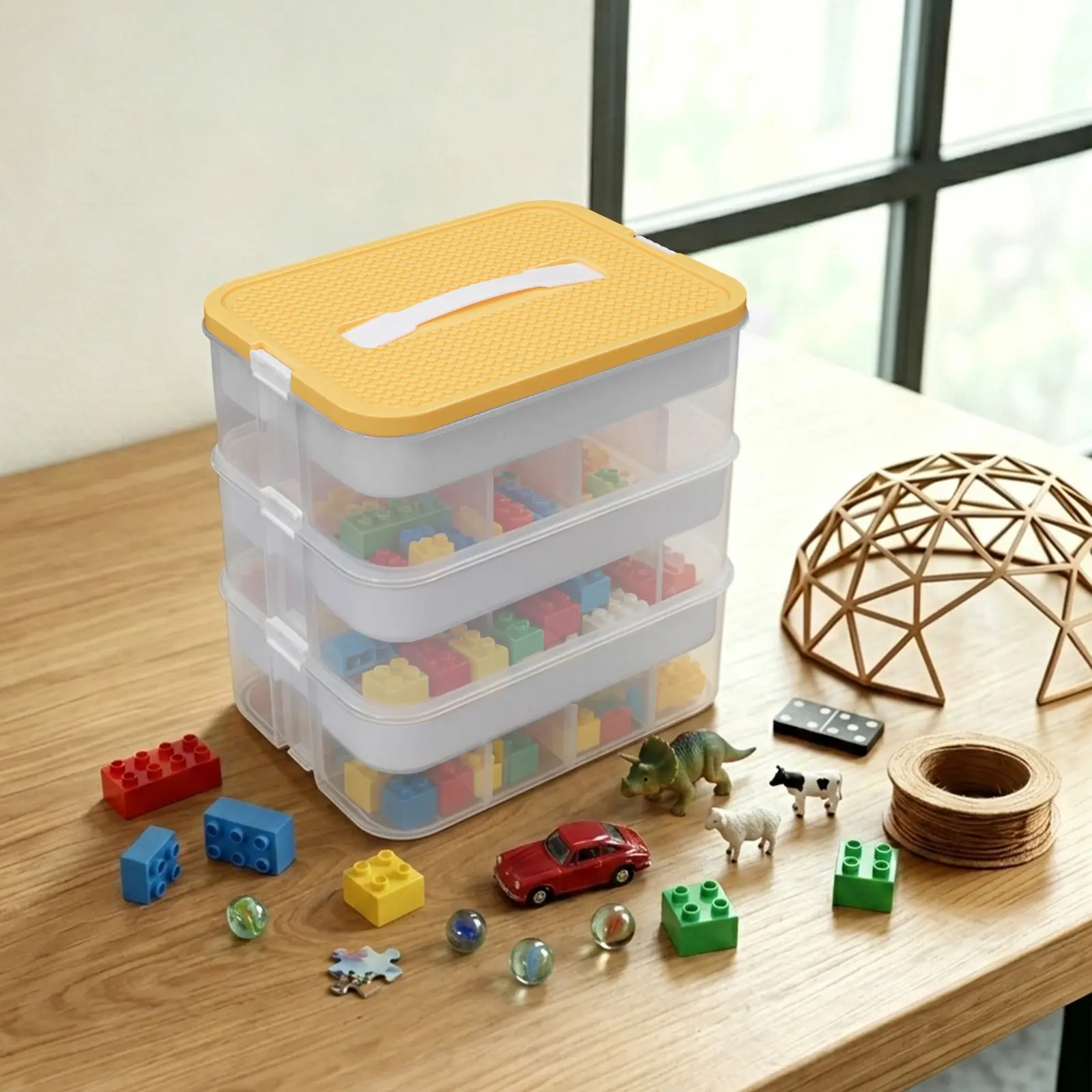 PP Plastic Toy Storage Box - PP Container with Portable Lid, Building Platform, Handle, Adjustable Compartments, Stackable Home Organizer for Blocks, Crafts, Kids' Rooms