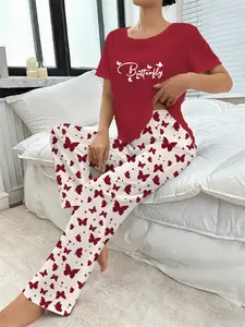 Women's Butterfly Print Sleepwear Set, 2-Piece Short Sleeve Long Pants Pajamas, Casual Fitted Cozy Lounge Set Fall & Winter Loungewear